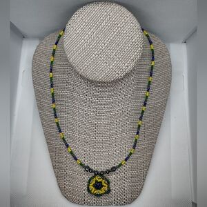 Vintage Beaded Necklace with Star Pendant‎ Yellow Green & Blue